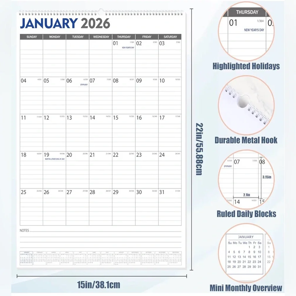 Large Wall Calendar Jan 2026 - June 2027